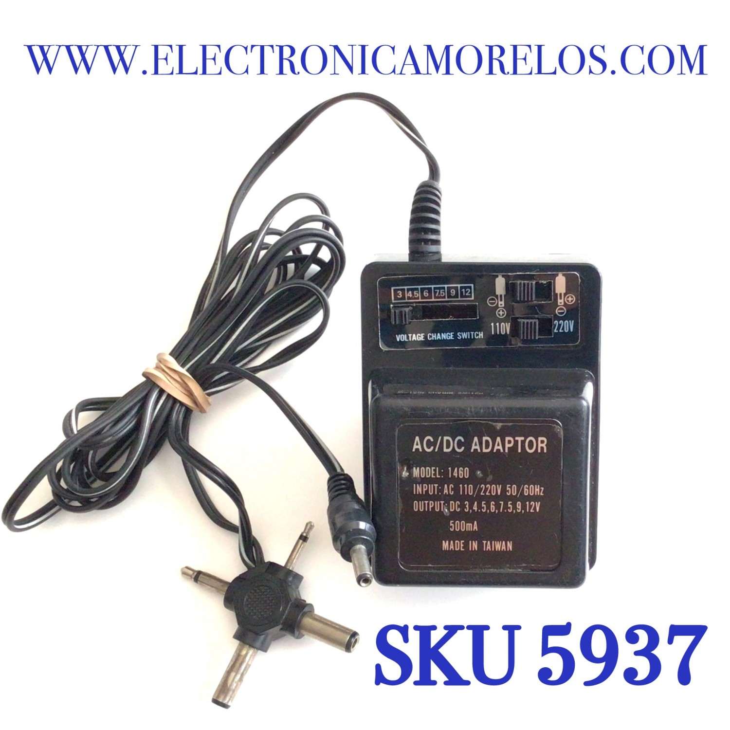CARGADOR / ADAPTADOR UNIVERSAL AC/DC / NUMERO DE PARTE 1460 / ENTRADA VCA AC 110-220V~ 50/60HZ / SALIDA VCD / DC 3V 4.5V 6V 7.5V 9V 12V  500MA / MODELO 1460